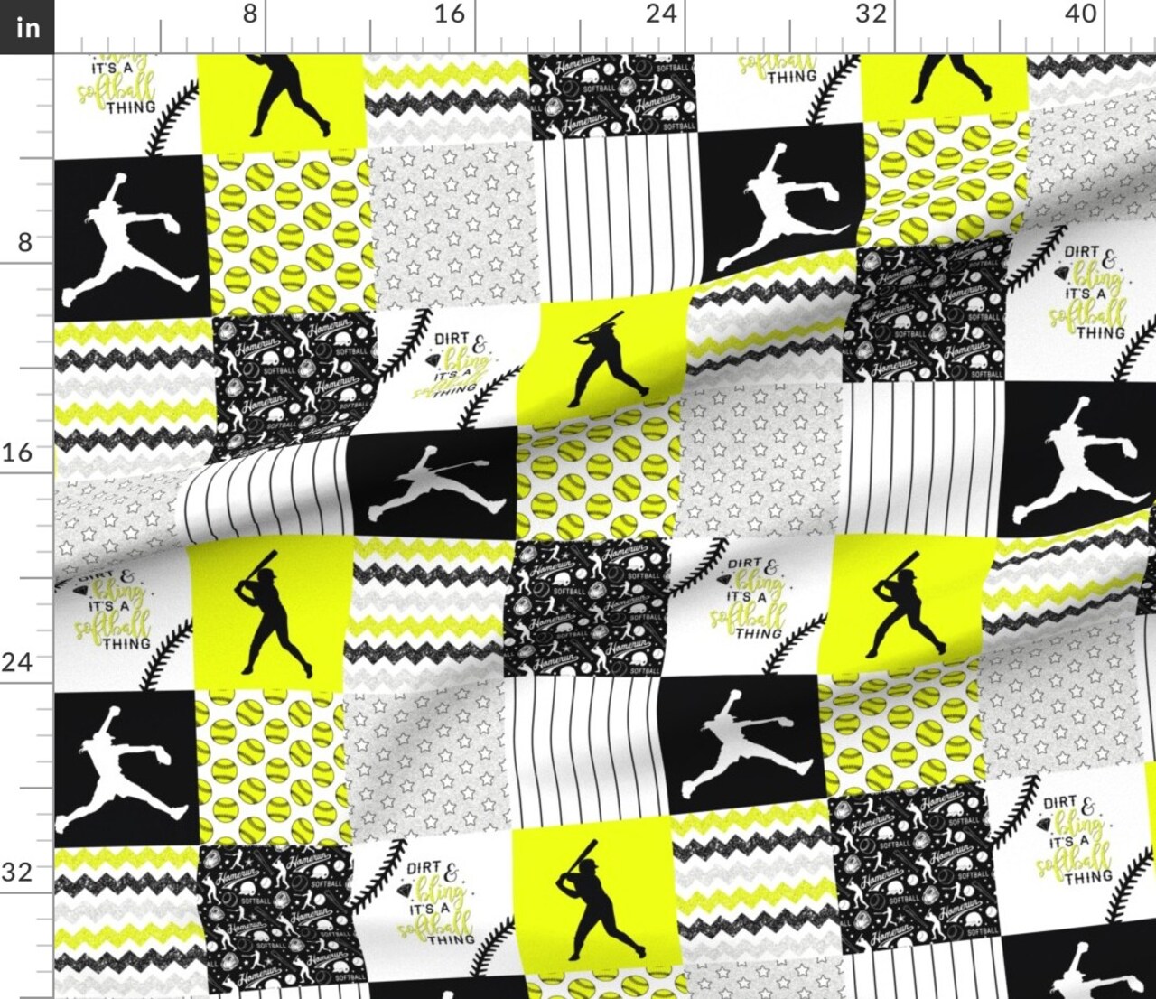 Softball Baseball Neon Yellow Black Womens Sports Girls Chevron Wholecloth Quilt Topper Cheater Custom Printed Fabric by Spoonflower Various Fabrics by the Yard or Fat Quarter